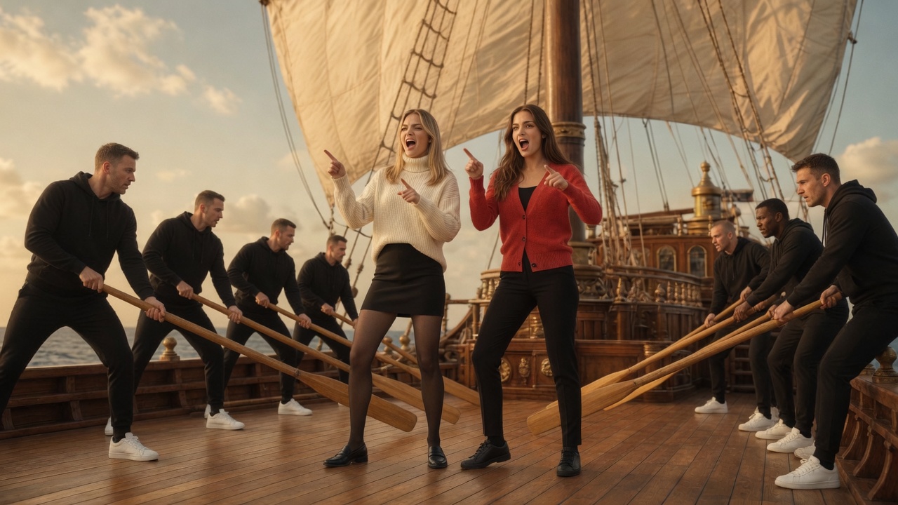 Callie and Rhea belt a showtune while hoodie tech bros row on both rails