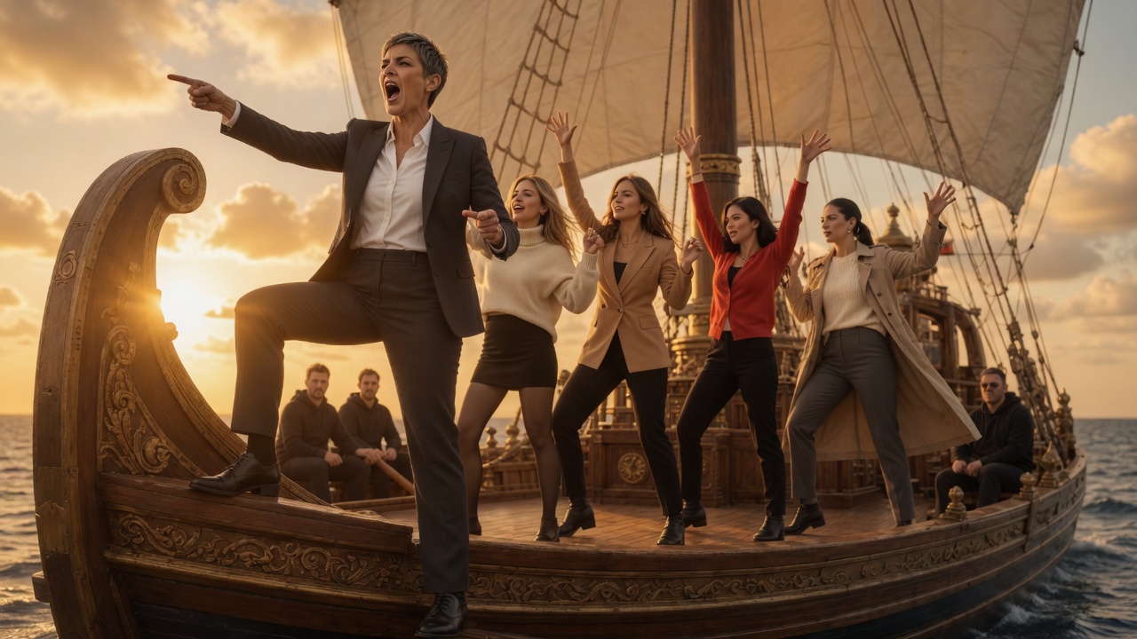Jazz-hands finale: CEO Odysseus points off the bow while the crew throws their arms up at sunset